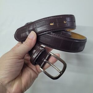 Men's Belt American Design Brown Genuine Leather‎ Block Pattern Belt XL